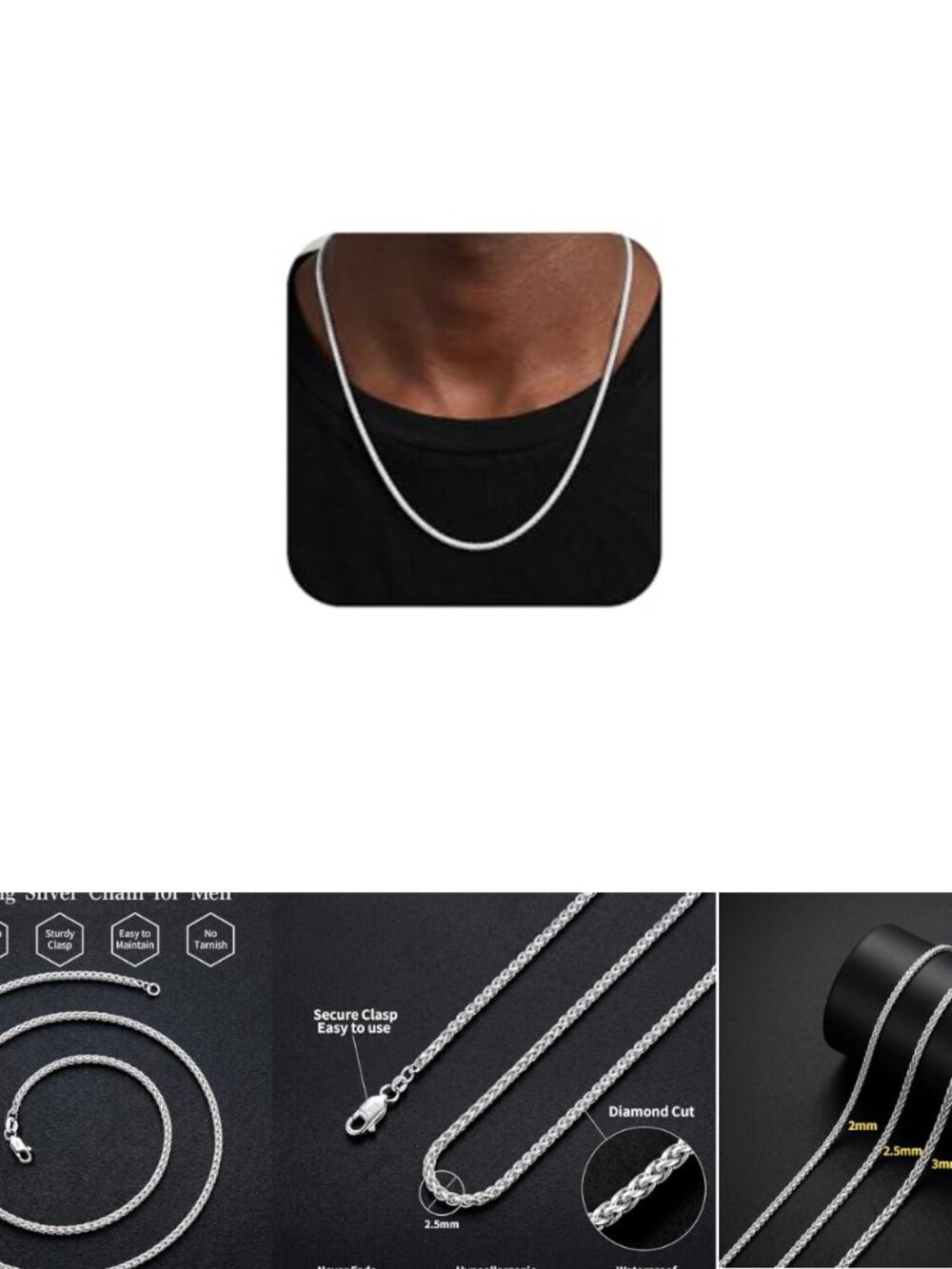 Sterling Silver Wheat Chain Necklace for Men 24 Inch 2.5mm Spring Ring